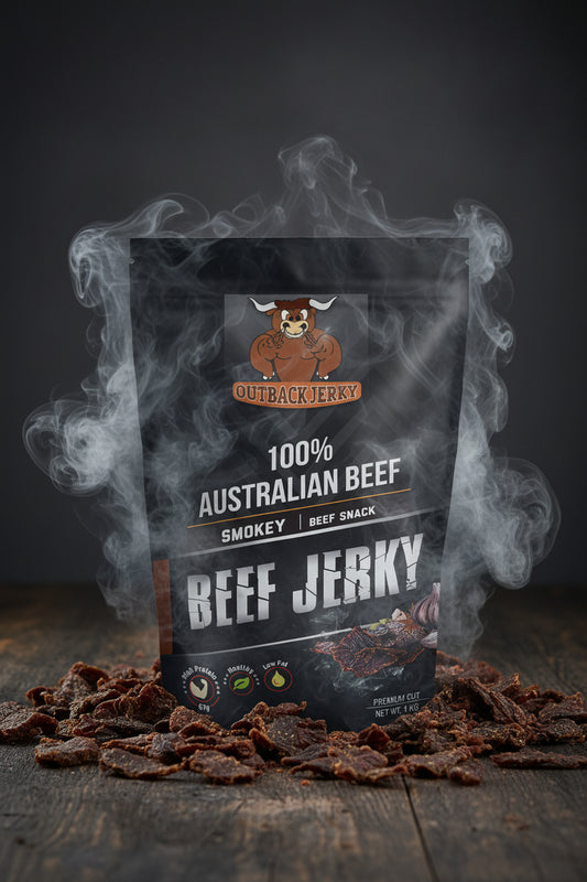 Outback Jerky packaging with beef jerky image on a smokey background