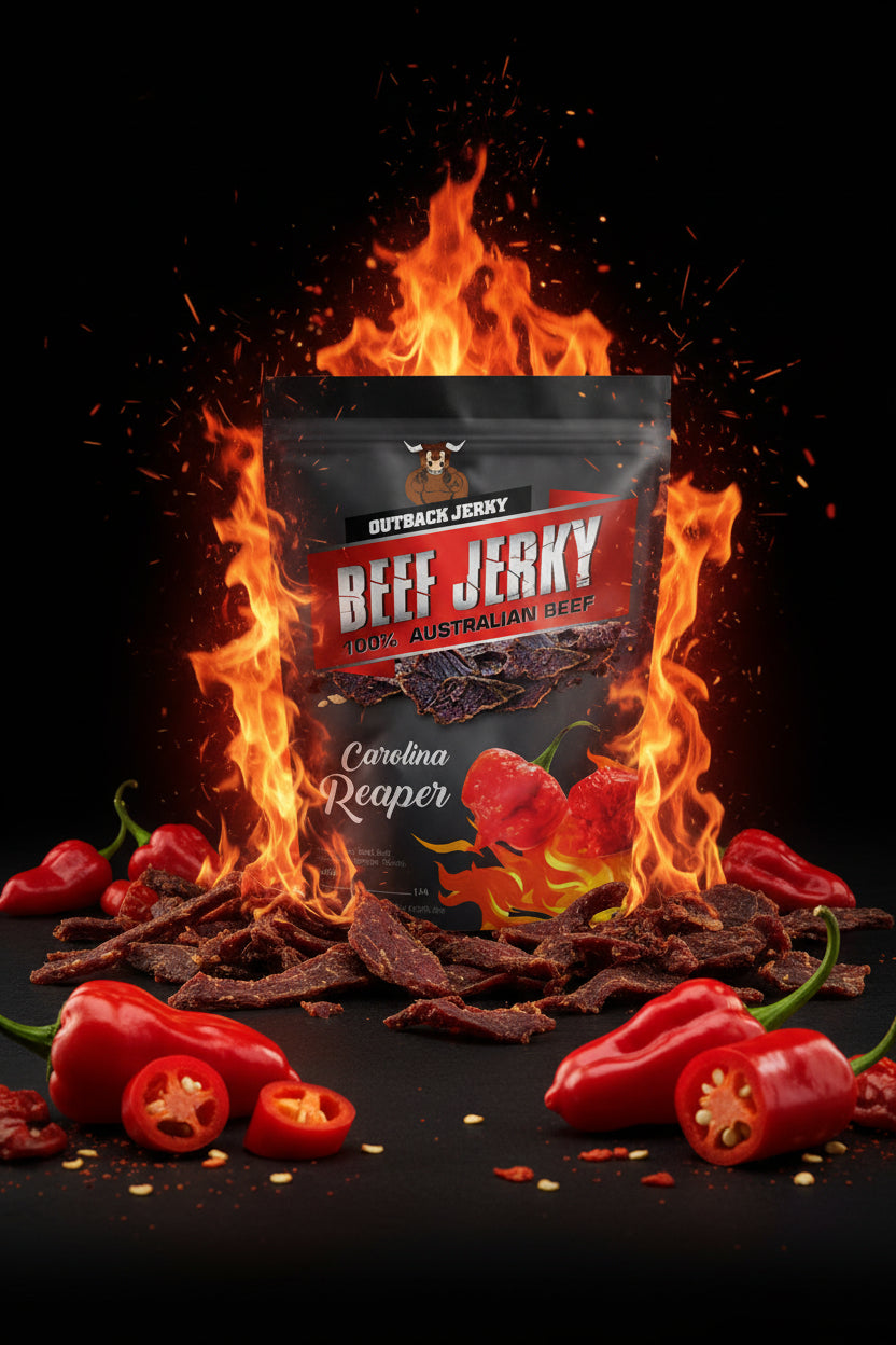 Outback Jerky Carolina Reaper beef jerky package on a fire background