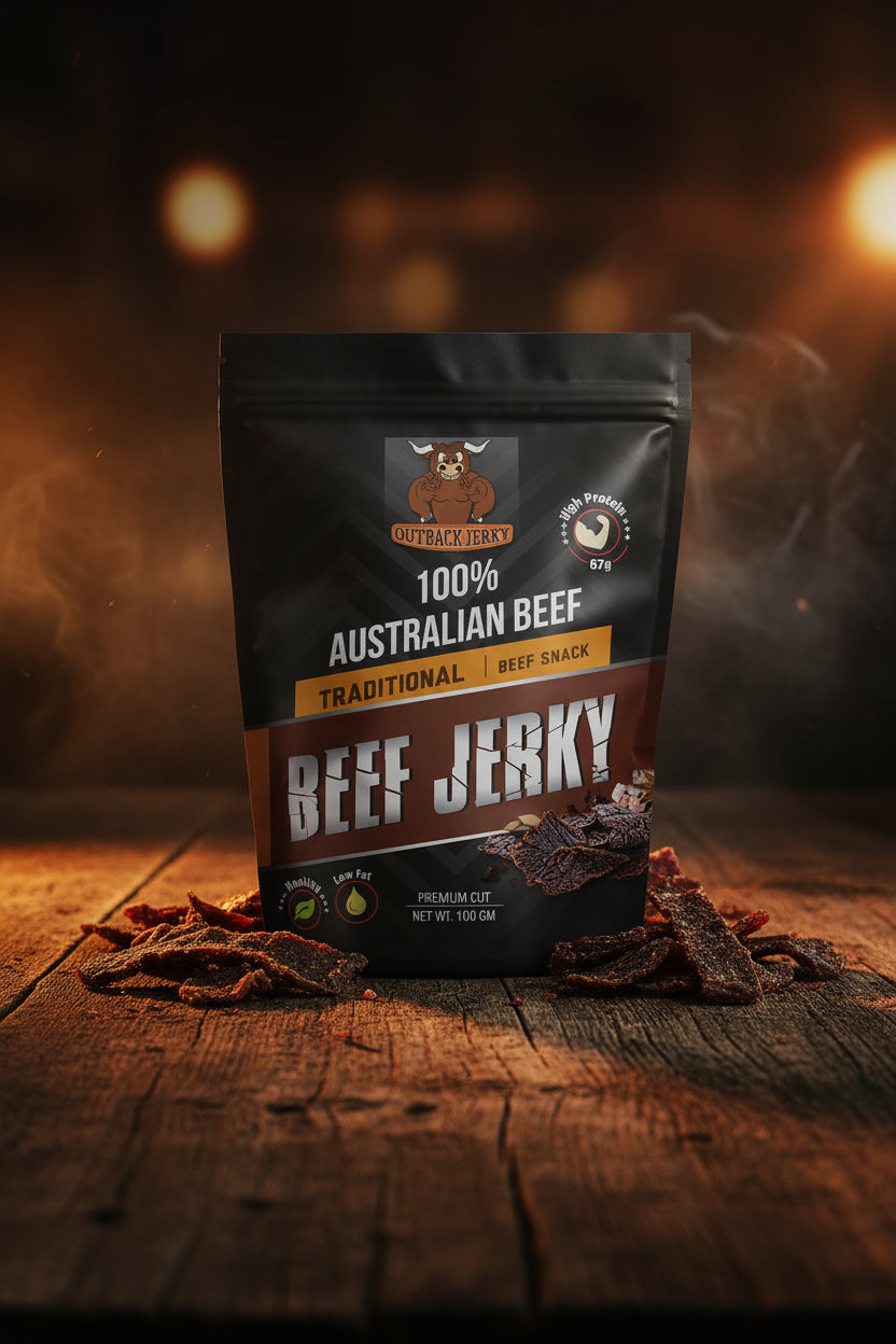 Package of 100% Australian Beef Beef Jerky on a light gray background